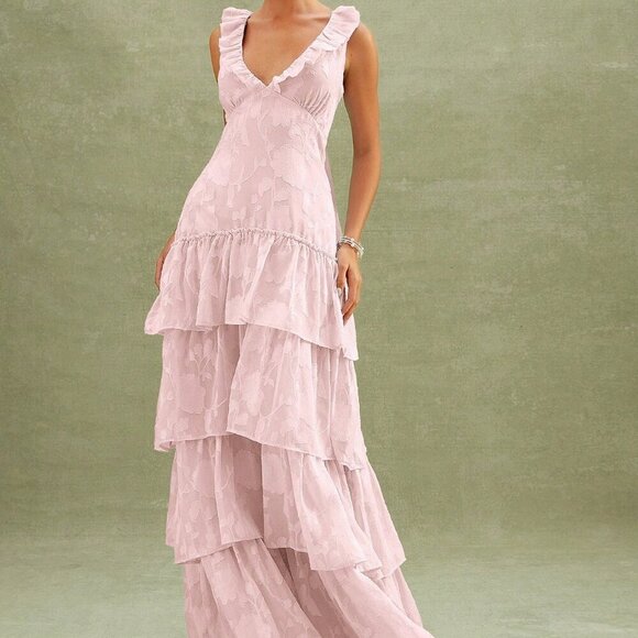 Pink Party Women's Floral Textured Tiered Ruffle Maxi Dress - Picture 1 of 5